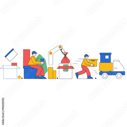 Warehouse logistics and automated packaging process with workers and robotic arm, vector illustration