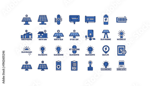 Solar energy icons set for renewable power solutions