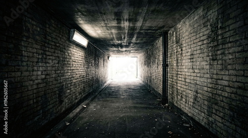 Dark tunnel light at end gritty urban passage moody cinematic perspective underground