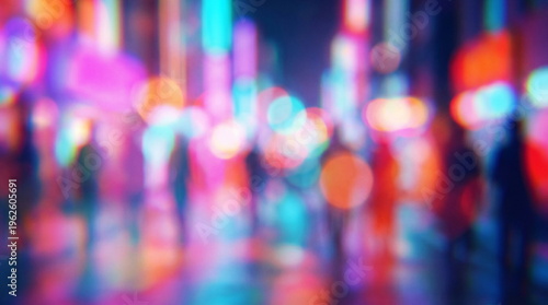 Blurred neon city lights abstract crowd background vibrant nightlife bokeh urban scene