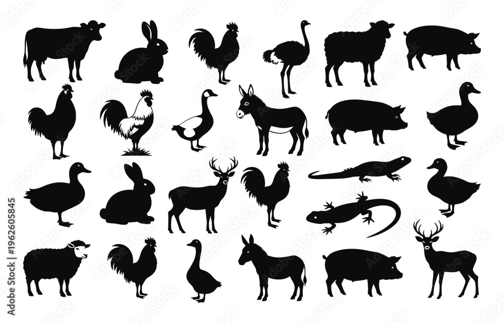 Fototapeta premium Collection of black silhouettes of various farm and wild animals