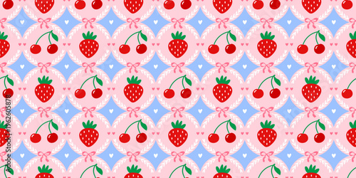 Pattern flower seamless with cute bow frame and spring patchwork floral. Kawaii illustration vector with holiday cover girly and fruit notebook stripe. Quilt print pattern with pink blue cute.