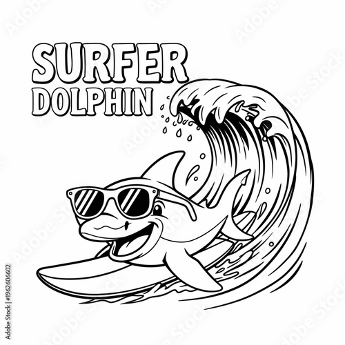 Smiling dolphin wearing sunglasses surfing wave.