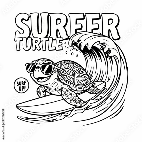 Turtle Wearing Sunglasses on Surfboard.