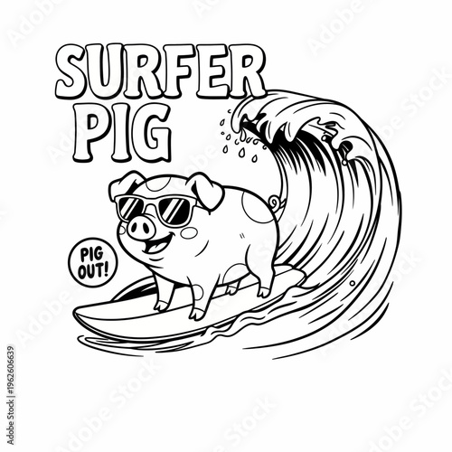 Surfer Pig Riding Wave Board.