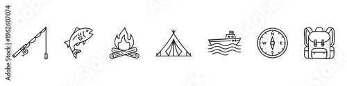 Adventure and Outdoor Camping Icon Set Featuring Fishing Rod, Fish, Campfire, Tent, Boat, Compass, and Hiking Backpack - Minimalist Line Art Vector Design for Travel and Exploration.