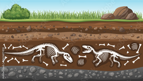 Illustration of dinosaur skeletons discovered buried in the earth, vector art