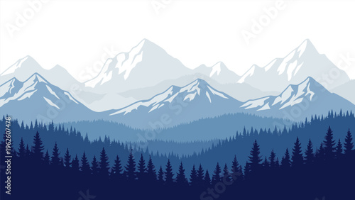 Misty Mountain Range Vector Illustration A Serene Nature Landscape with Pine Forest and Snow-Capped Peaks