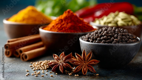 Spices in bowls on counter. Different spices are placed in bowls on a kitchen counter, ready for cooking. Some are colorful while others are dark.