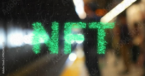 Animation of green nft text over underground train arriving at metro station