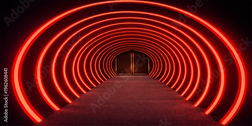 A historic stone corridor with arches and columns featuring a red carpet path through an ancient European monastery tunnel illuminated by soft light