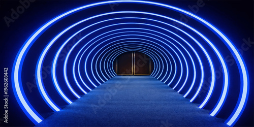 A long ancient stone tunnel with arches and columns glowing with blue light in the darkness