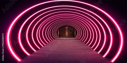 A long ancient stone corridor with arches and columns, softly lit, featuring a red carpet path stretching through the tunnel-like hall