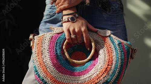Close-up of a woman wearing denim holding a vibrant handmade crochet handbag, captured in warm natural light for a stylish summer lifestyle concept.