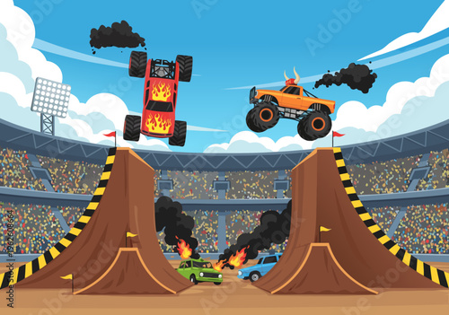 Exciting vector illustration of monster trucks performing stunts on ramps at a stadium event, with smoke and fire effects, capturing the thrill of a motorsport show