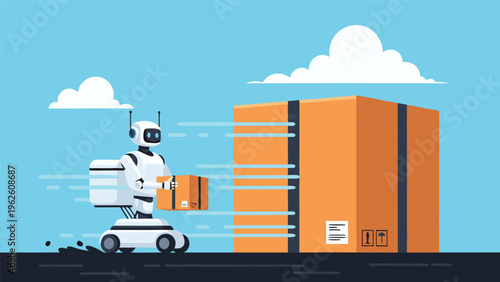 Futuristic Robot Delivers Package in Vector Illustration On Road Under Bright Blue Sky
