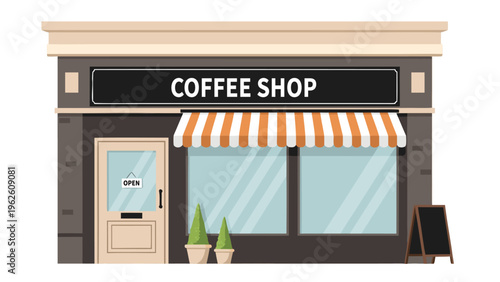 Charming cartoon-style illustration of a cozy coffee shop with a dark gray facade, flat roof, and potted plants in a welcoming outdoor setting