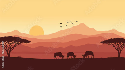 Three Elephants Silhouetted Against Sunset in African Savanna Vector Illustration