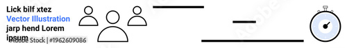 Teamwork, collaboration, time tracking, project management, communication, efficiency. Simple ion of group figures, lines and a stopwatch icon. Teamwork and collaboration concept