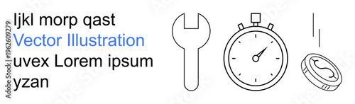 Business management, time efficiency, investment returns, tool utilization, project planning, financial strategy. Stopwatch, wrench and coin . Business management and time efficiency concepts
