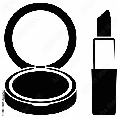 A simple black and white representation of a compact and lipstick.