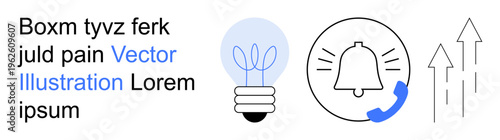 Innovation, growth, communication, notification, technology, ideas. A glowing light bulb, ringing bell with phone receiver and upward arrows. Innovation and communication concepts visually