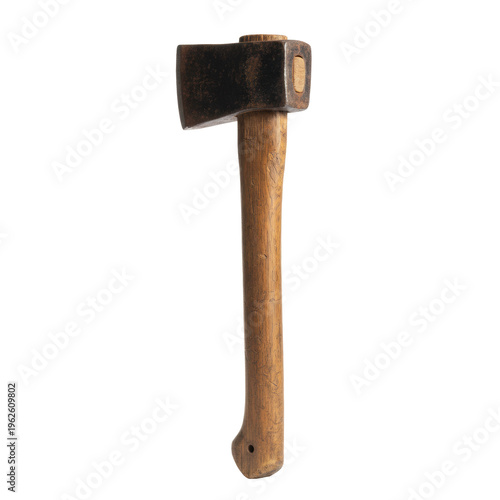 Vintage wood-splitting maul with a weathered hickory wood handle and a dark forged steel head featuring oxidation and nicks, rustic tool utility atmosphere