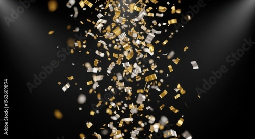 Dynamic gold and silver confetti falling on dark background for premium sports victory celebration and luxury event promotion