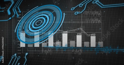 On data pulse HUD animating bars, rotating rings, scrolling waves, updating labels to show metrics