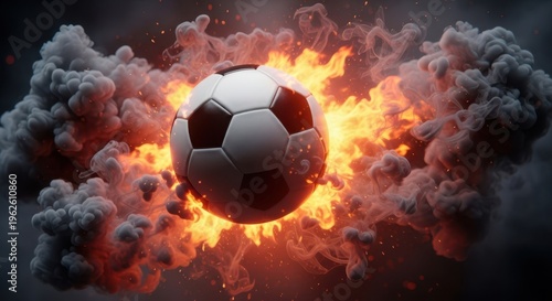 Football flying through fire and smoke for intense sports competition and championship final match action concept background