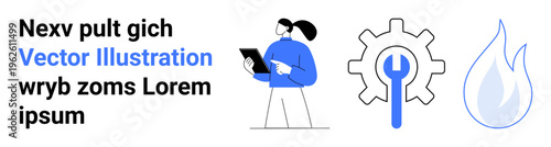 Business operations, digital tools, maintenance, workflow, resource management, technical solutions. Person holding a tablet, gear with wrench and flame icons. Workflow and business operations