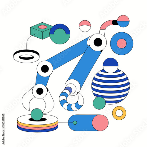 Abstract robotic arm illustration with geometric shapes and mechanical elements for industrial automation concept
