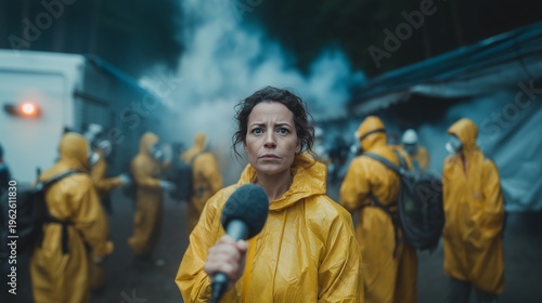 A journalist is reporting from the scene of a chemical accident. In the background, specialists in protective suits and respirators work among the smoke