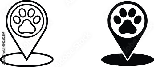 pet map marker paw print icon set outline and solid vector