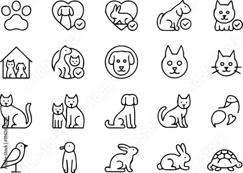 pet minimalist petcare icons dog cat rabbit bird fish turtle shelter