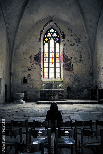 Atmospheric Stained Glass Window and Altar of Karja Church in Saaremaa