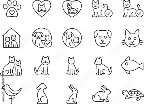 pet line icons collection dog cat paw house heart adoption rescue