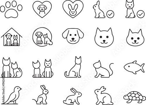 pet icons set animal care paw print dog cat shelter and vet symbols