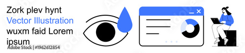 Data analysis, eye tracking, user interface, remote work, online research, technology. Eye with a tear, graphic data card person using a laptop. Data visualization and eye tracking concept