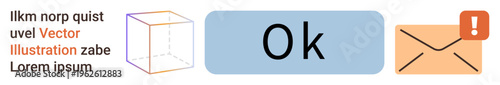Communication, notifications, digital alerts, messaging, design concepts, minimalism. A cube diagram, OK button and email alert icon are . Communication and notifications are the main