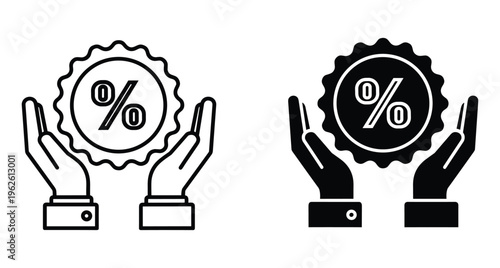 Hands holding percentage discount badge icon set with outline and solid versions for business promotion marketing offer and sale events