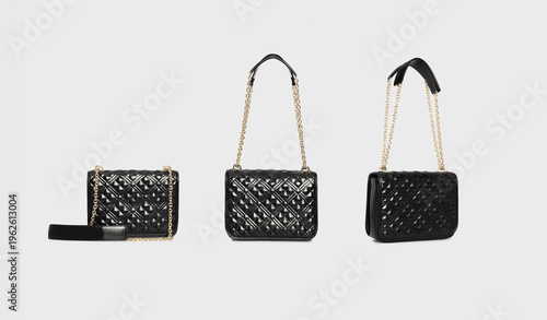 Photography Set of black patent glossy leather handbags, crossbody bag with gold chain straps displayed in front, side, and angled views isolated on white background