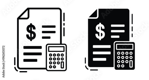 Financial invoice document with dollar sign and calculator icon set for accounting business tax payment budget planning and money management