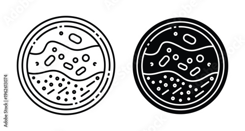 Petri dish icon set showing bacterial culture growth in laboratory glass for microbiology research science experiment medical testing and biology