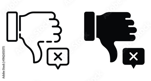 Thumbs down hand gesture icon set with cross mark speech bubble for negative feedback dislike rejection bad rating and disapproval