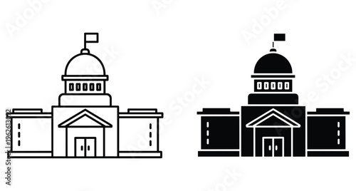 Government building icon set featuring capitol dome and flag in outline and solid black styles for political or legal design