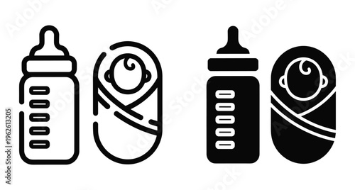Baby bottle and swaddled newborn infant icons in outline and solid glyph styles for childcare parenting and nursery design elements
