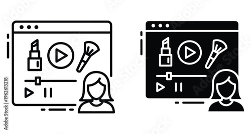 Beauty vlog video tutorial icon set featuring makeup brush lipstick and female influencer on web browser interface for online streaming
