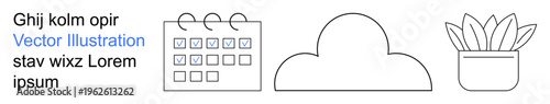 Planning, scheduling, productivity, cloud storage, minimalism, eco-living. Minimalist elements including a calendar, abstract cloud and potted plant. Planning and scheduling concepts