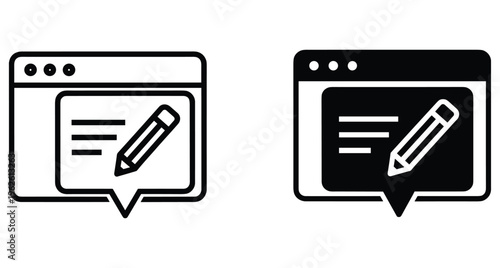 Web browser window icon with speech bubble and pencil for blog post editing online feedback and digital content creation interface